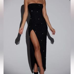 Oh Polly Embellished Bandeau Cowl Neck Maxi Dress in Black